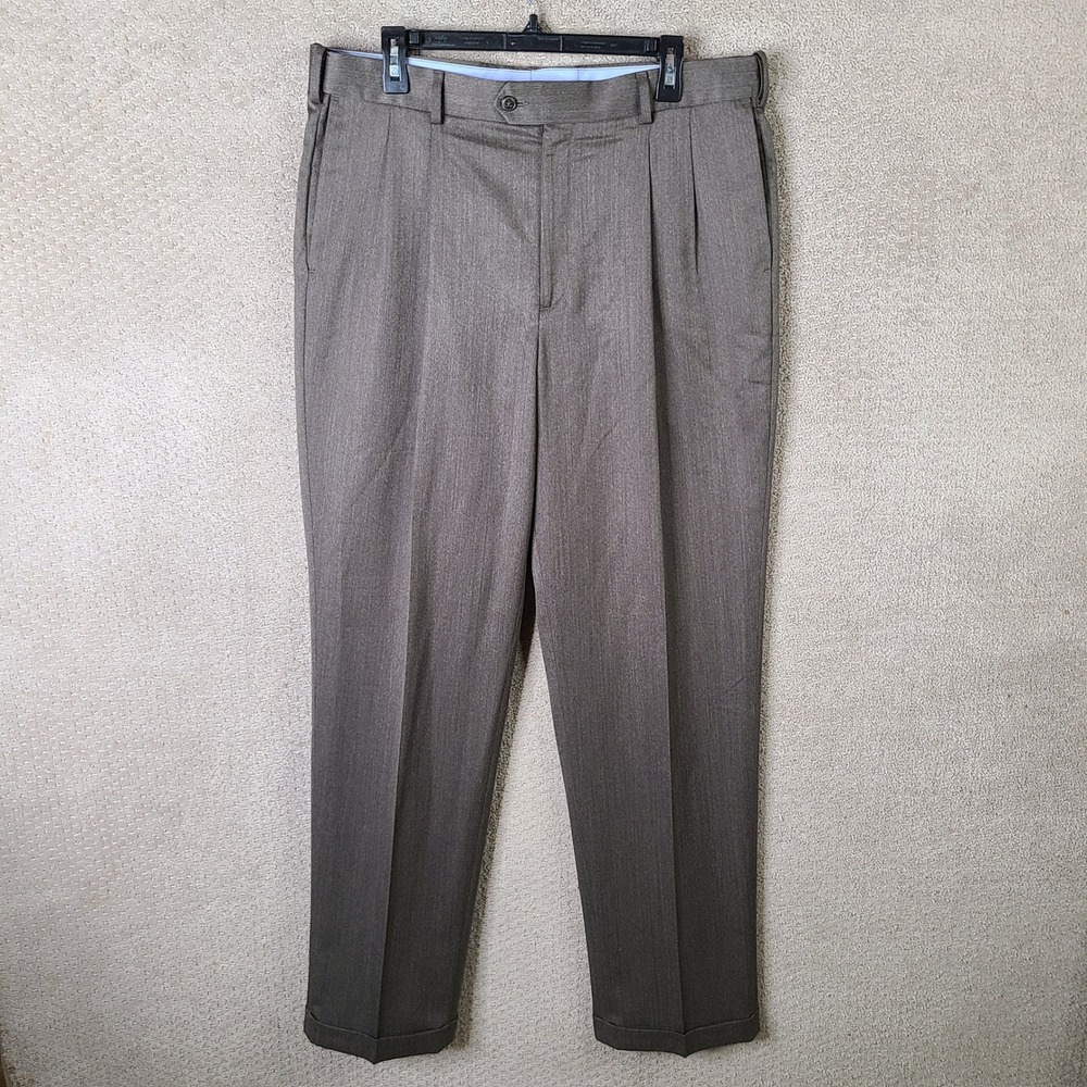 Roundtree‎ & Yorke Pants Mens 36x34 Brown Pleated Wool Blend Trousers Cuffed Hem